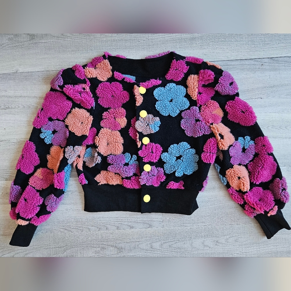 Floral Jacket Bomber Puff Sleeve Coat 3D Flowers Runway Fashion Pink Black Large
